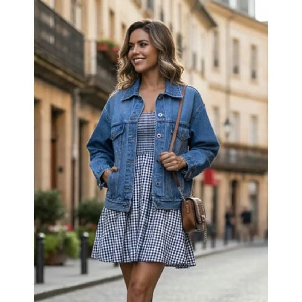 Women's Denim Jacket Loose Relaxed Fit Trucker Jean Jacket with Pockets